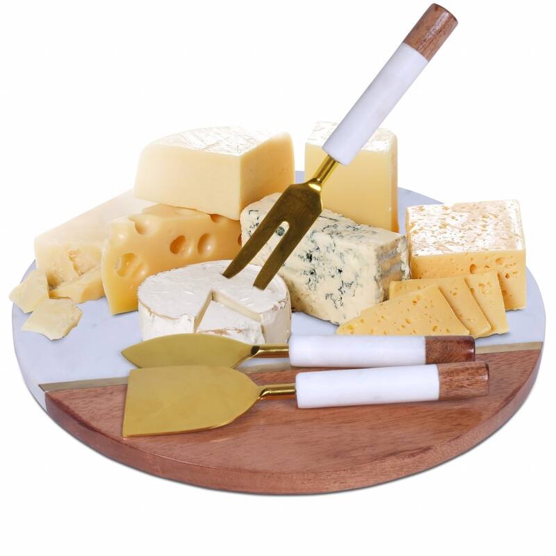 HomeRoots 12" Wood and Marble Cheese Board and Knife Set