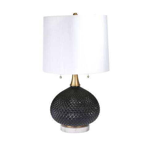 27 Inch Glass Table Lamp with Round Base and Carved Diamond Pattern, Black - 27 H x 15 W x 15 L Inches