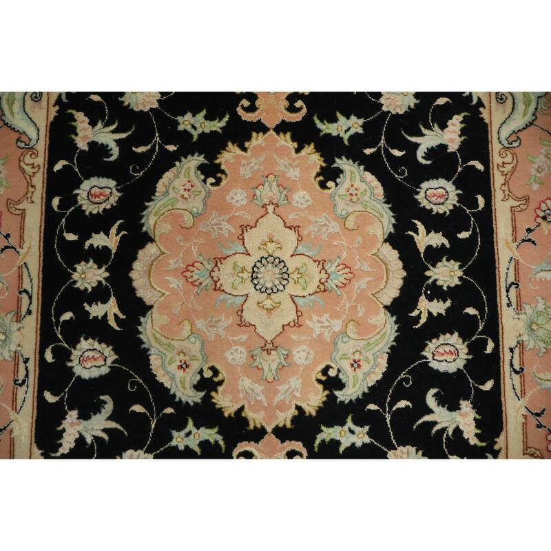 Hand Knotted Oriental Wool & Silk Carpet Traditional Floral Black Tabriz Runner Rug - 13' 5'' X 2' 9''