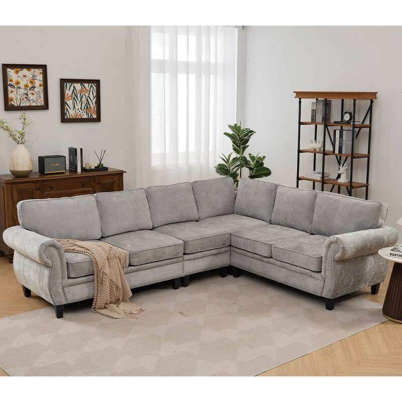 109.5" Chenille L-Shaped Corner Sectional Sofa with Rolled Armrest - Light Grey