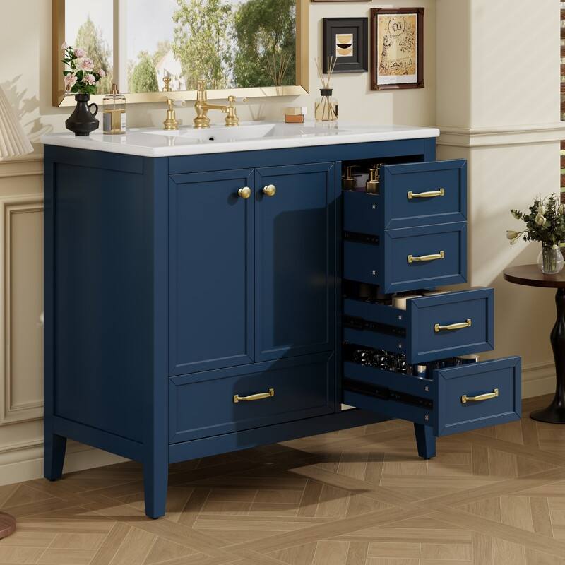 36" Bathroom Vanity with Sink, Soft-Closing Door, 4 Drawers - Blue