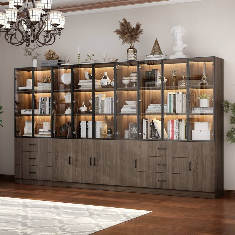 LED-Lit Wood Grain Cabinet - Configurable Storage for Home or Office