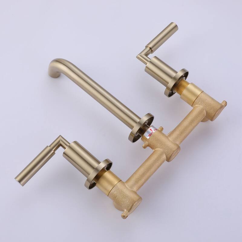 Brushed Gold Round Double Handle Wall Bathroom Faucet