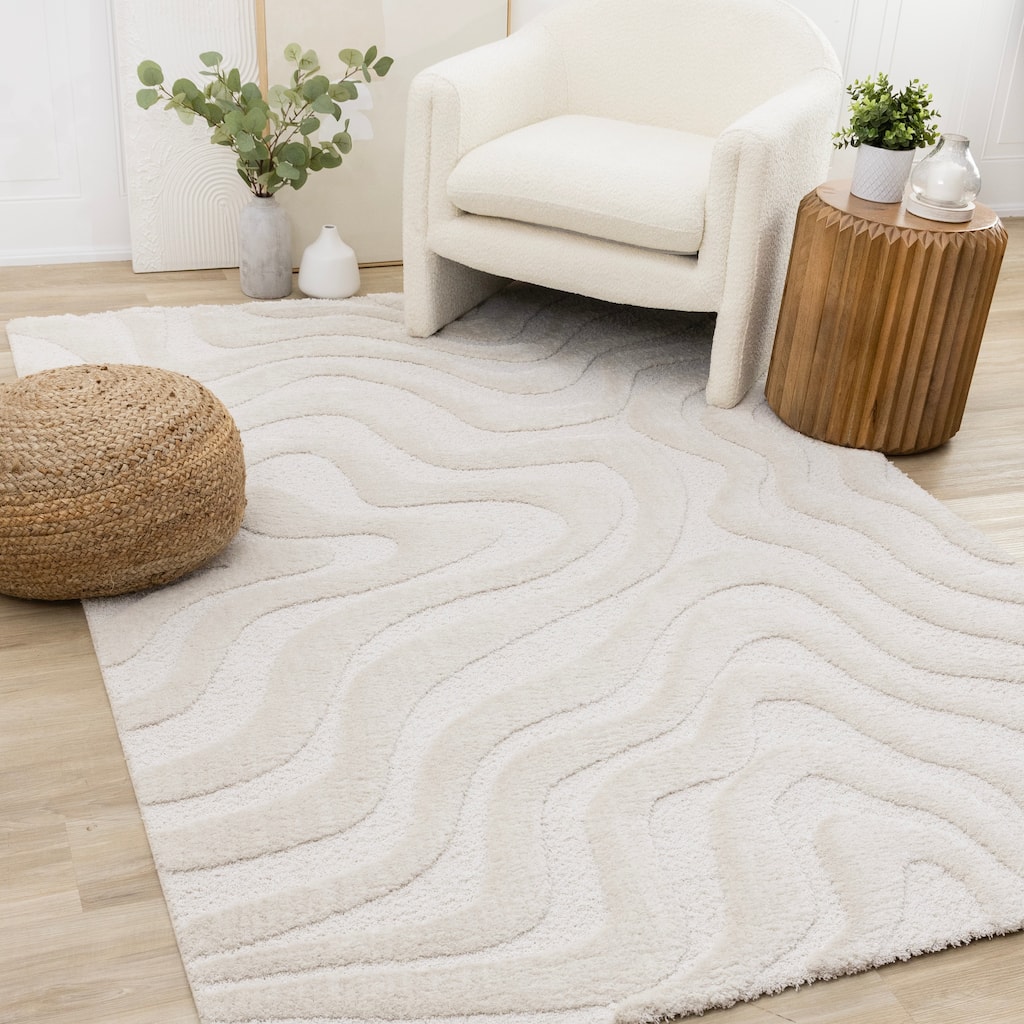 Lincoln Collection - Modern Luxurious Plush White Curves Area Rug