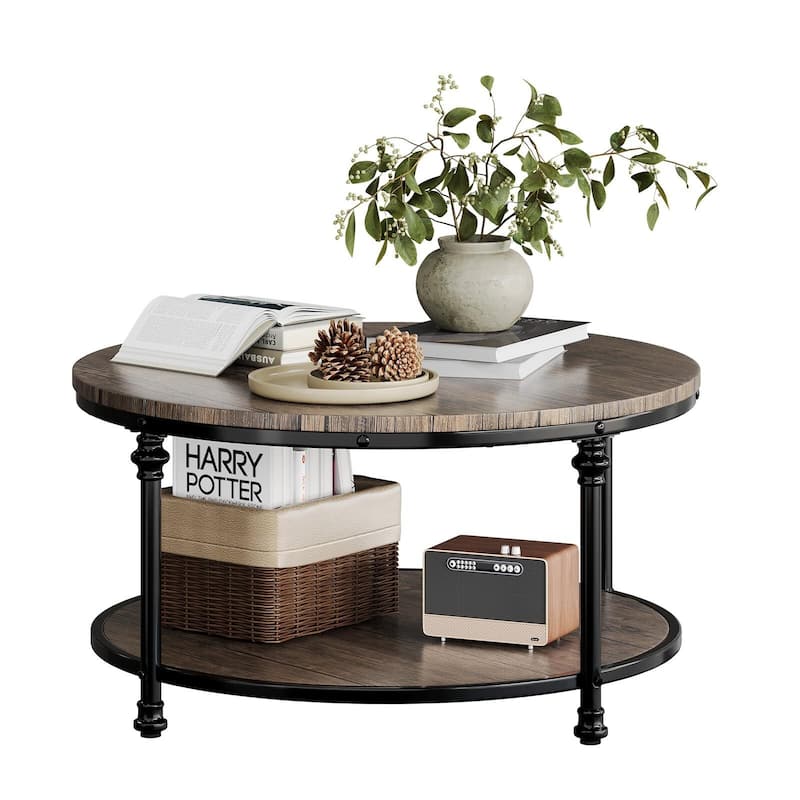 Round Coffee Table, 2 Tier Wooden Coffee Table with Storage, Farmhouse Center Tables