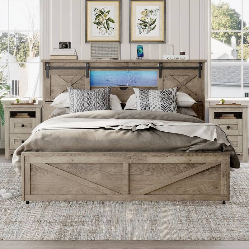 3-Pieces Bedroom Sets ,Farmhouse Bed Frame Queen Size with LED Lights and Charging Station,Nightstands Set of 2 with 2-Drawer
