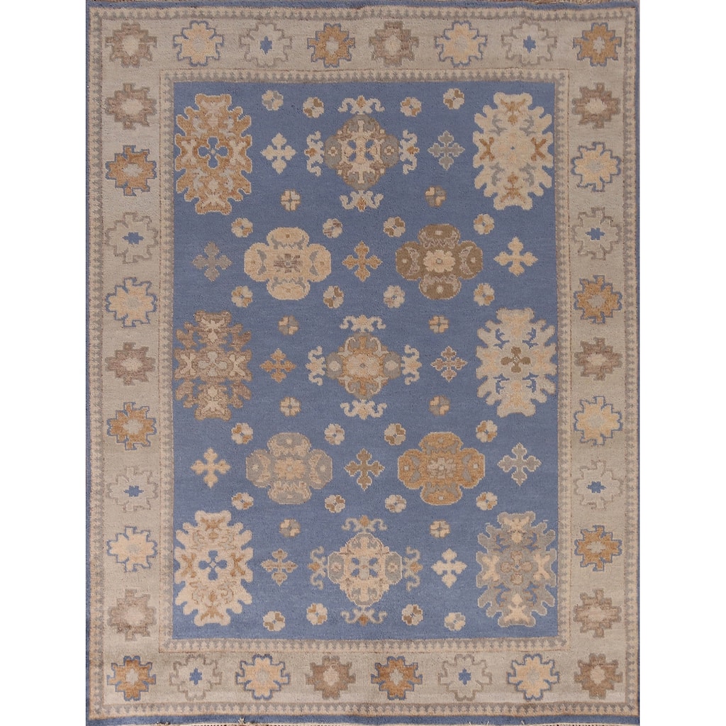 Blue Geometric Oushak Area Rug Hand-Knotted Oriental Wool Carpet - 8'3" x 9'10"