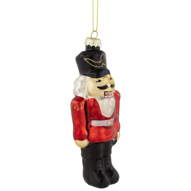 5" Red and Black Nutcracker Hanging Glass Christmas Ornament