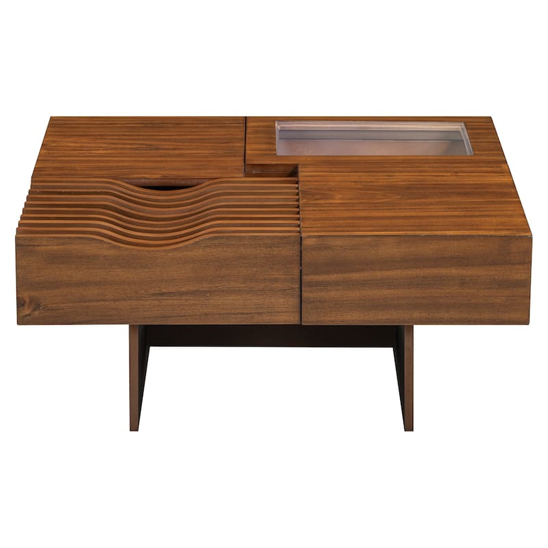 Roomfitters Square Mid-Century Coffee Table with Glass Top and 3 Storage Compartments, Solid Wood Legs