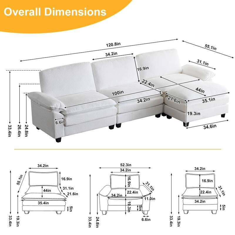120 in. W Pillow Top Arm Double-Layer Cushion Cloud Sofa Couch
