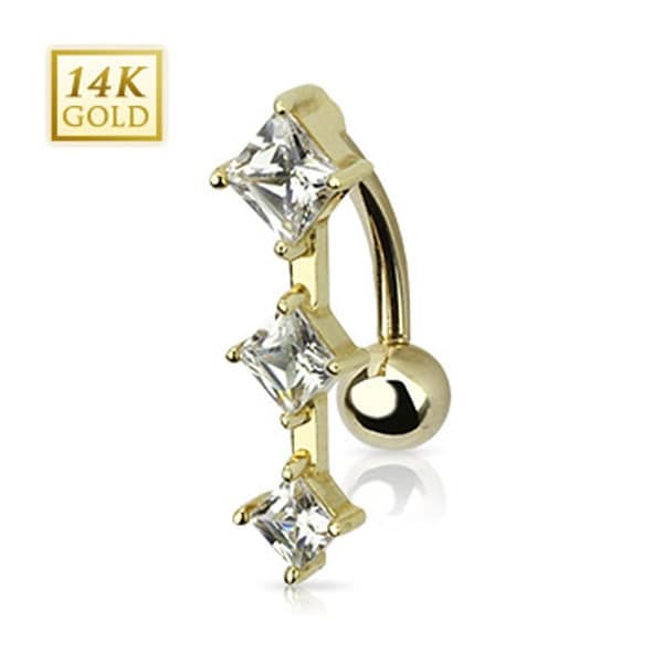 14 Karat Solid Yellow Gold Top Down Navel Belly Button Ring with Triple Diamond Cut CZ - 14GA 3/8" Long