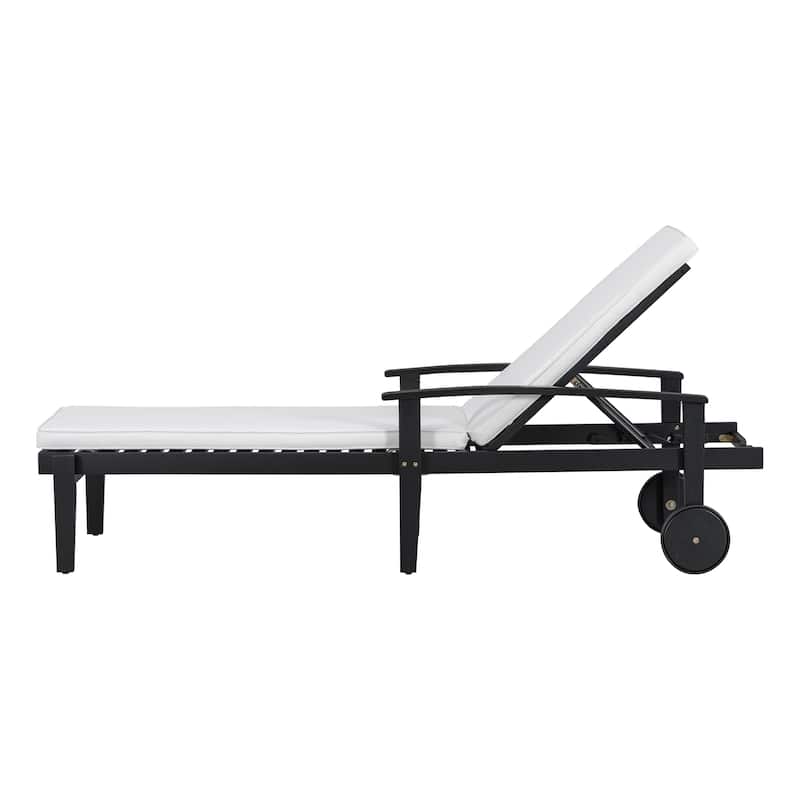 Outdoor Wood Chaise Lounge with Wheels and Adjustable Backrest, Cushion for Poolside Patio Garden