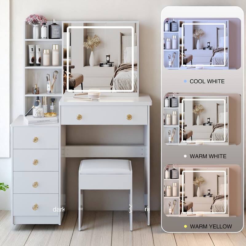 37" Lighted Vanity Table with Adjustable LED Mirror, Wide Storage, Stool, Ideal for Bedroom or Dressing Area