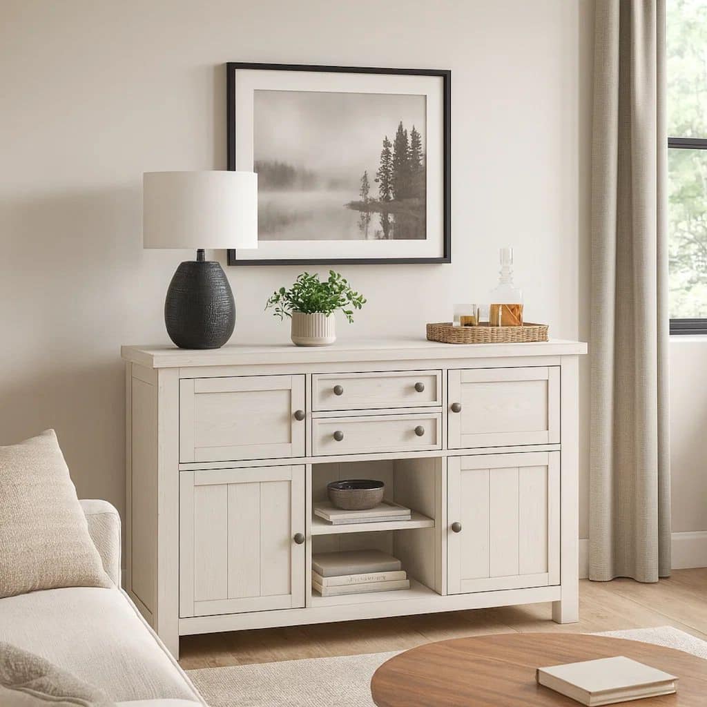 Fleur Dining Room Server with 4 Cabinets, Antique White Wood, 56 Inch