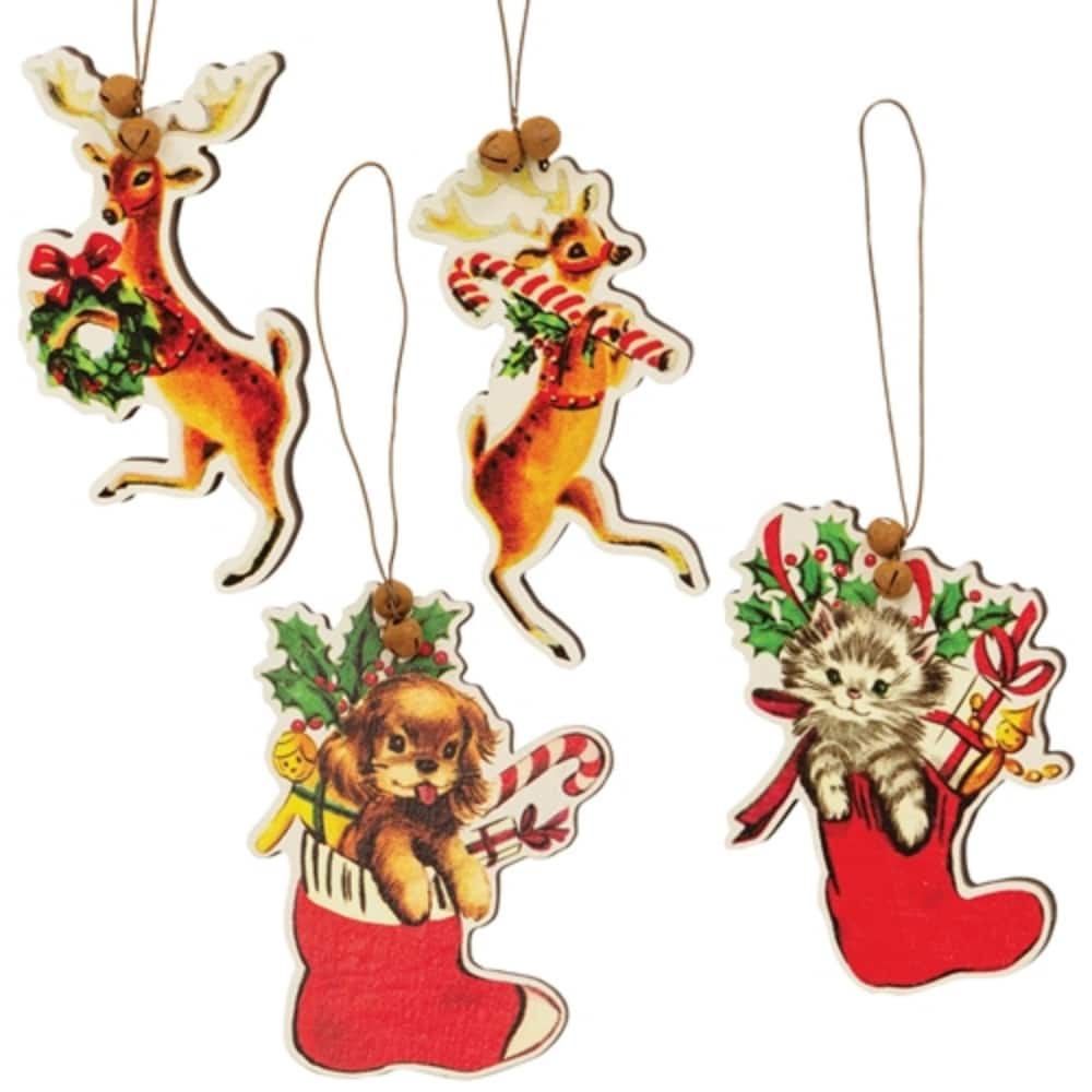 Set of 4 Wooden Holiday Ornaments with Puppy, Kitten, Reindeer and Candy Cane Designs - Puppy: 3.75”H x 2.75”W x .25”D