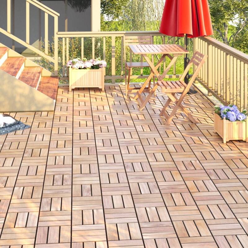 30 PCS Interlocking Deck Tiles Checker Pattern, 12" x 12" Square Acacia Hardwood Outdoor Flooring for Patio,Bancony,Pool Side