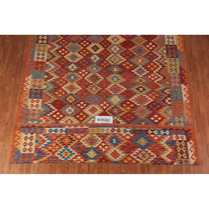 Orange Kilim Reversible Area Rug Hand-Woven Wool Carpet - 8'4"x 11'5"