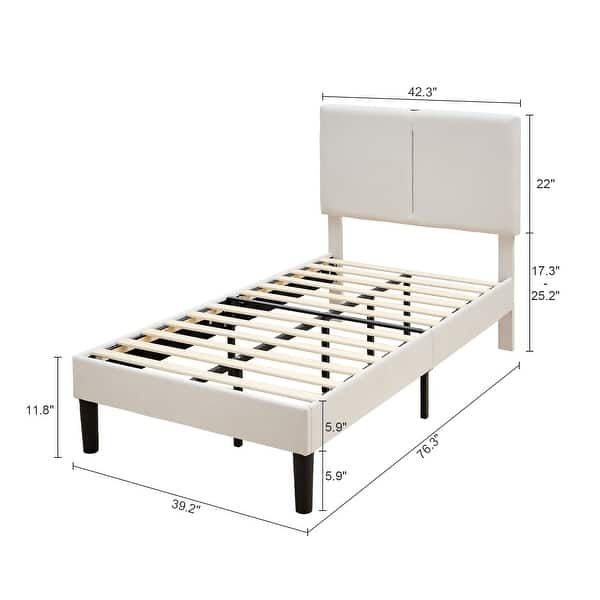 dimension image slide 0 of 2, Javlergo Upholstered Platform Bed Frame with 2 USB Charging Station & Adjustable Headboard, Kids Bed Set of 2