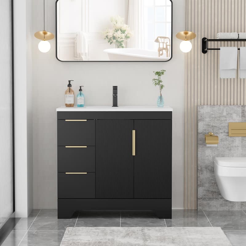 Vertical Stripes Bathroom Vanity Set with Sink Top & Faucet - 36"Left - Black-36"Left