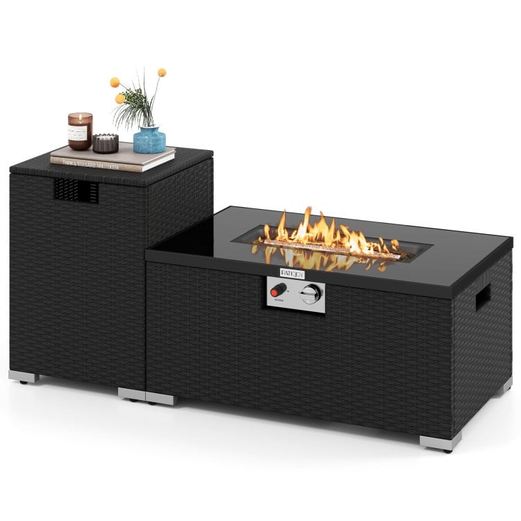 Outdoor 2-in-1 PE Rattan Fire Pit Table with Propane Tank Cover and Tempered Glass Top Patio Coffee Table Set