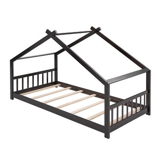 Twin Size Wooden House Bed Frame with Headboard & Footboard, Twin Kids Bedframe with Roof, Montessori Kids Bed for Boys or Girls
