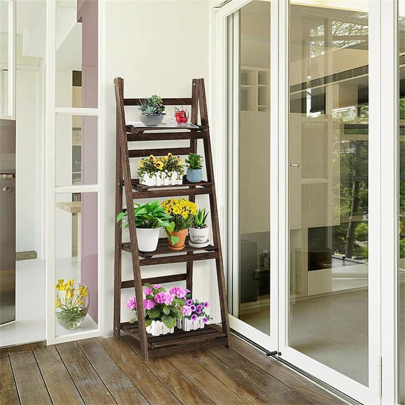 4 Tier Foldable Solid Wood Ladder Bookcase Storage Shelf - 16.1x12.8x43.3inch