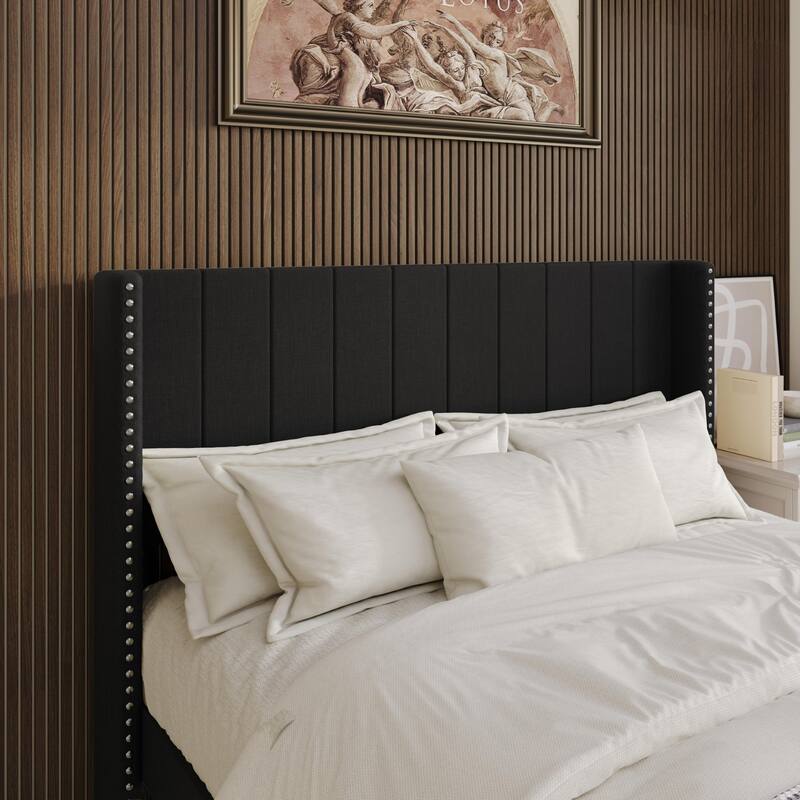 Clayfell Ipswich Upholstered Wingback Headboard with Nailhead Trim, Modern Vertical Channel Tufting, Easy Assembly