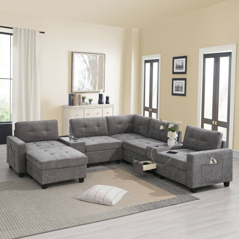 L-shape Chenille Sectional Sofa with 2 Acrylic Consoles Table Top, USB Charger, 2 Drawers, Pockets and Ottoman for Living Room