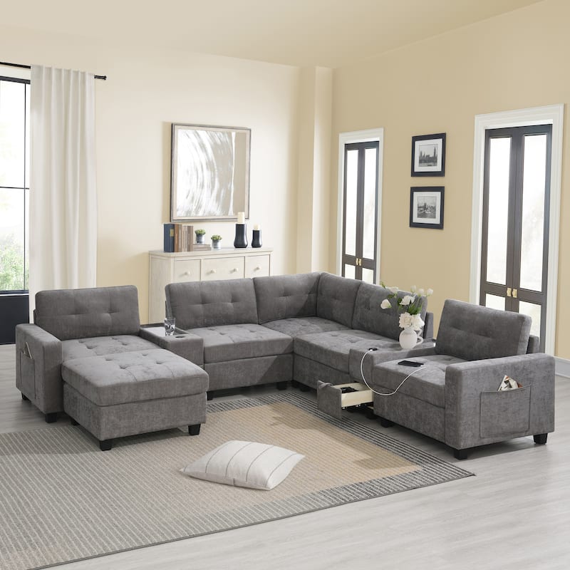 U Shaped Sectional Couch Set w/ USB Charger, Storage Drawers & Pockets