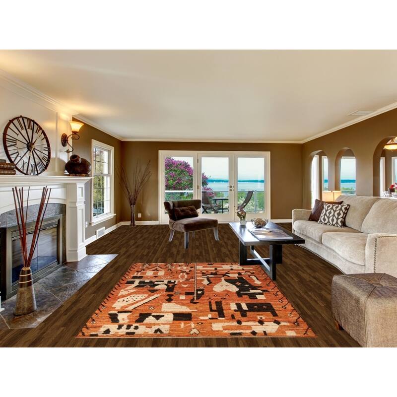 Geometric Moroccan Oriental Rug Hand-Knotted Orange Wool Carpet - 5'7" x 7'9"