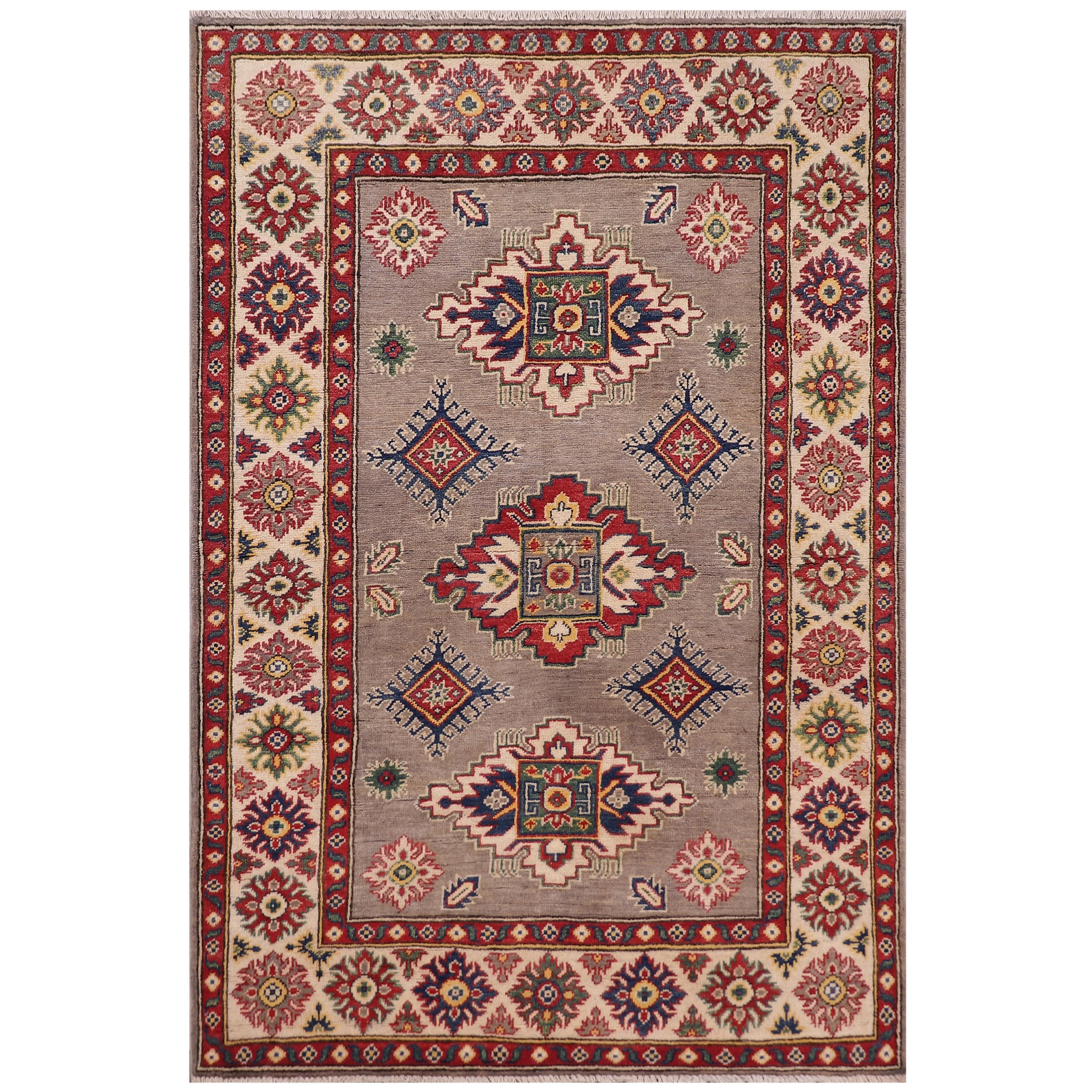 Southwestern Kazak Pierce Gray/Beige Wool Rug - 3'10'' x 5'10''