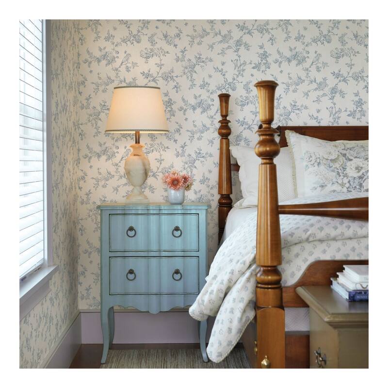 Chesapeake French Nightingale Blue Floral Scroll Wallpaper - 20.5 x 396 x 0.025
