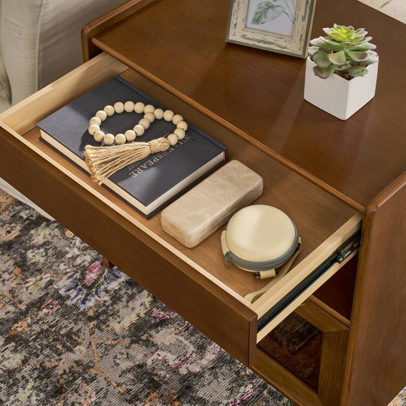 Mid Century Modern Nightstand with Charging Station & Outlet Hole & 2 Drawers