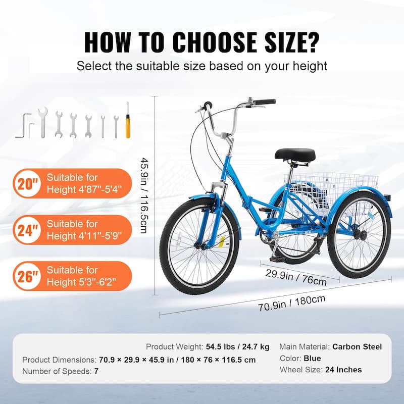 Folding 7-Speed Tricycle for Adults, 24-Inch 3-Wheel Bike with Basket & Adjustable Seat - 70.9 x 29.9 x 45.9 in