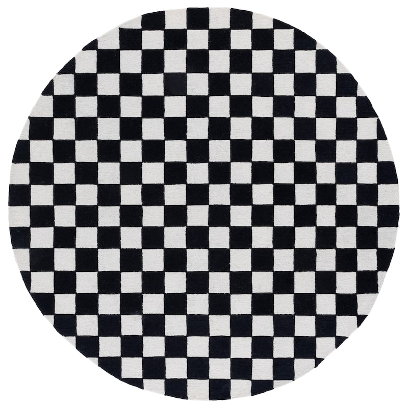 SAFAVIEH Handmade Ebony Gulnur Farmhouse Checkered Wool Rug - 6' Round - Black/Ivory