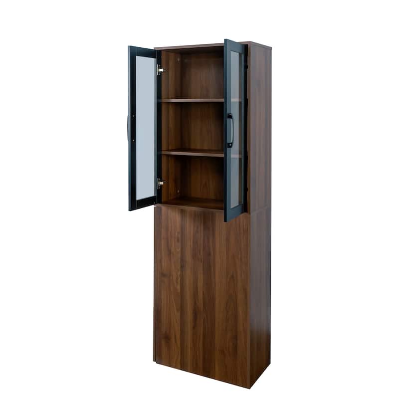 Glass Display Cabinet 3-Tier Bookcase for Collectibles, Wood Storage Cabinet with Door & 4-Tier Pull-Out Shelves for Living Room