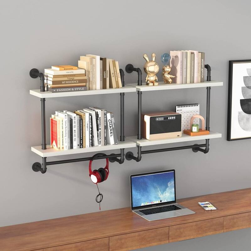 Industrial Pipe Floating Bathroom Shelves Wall Mounted with Towel bar - 7.8"D x 15.7"W x 25.6"H