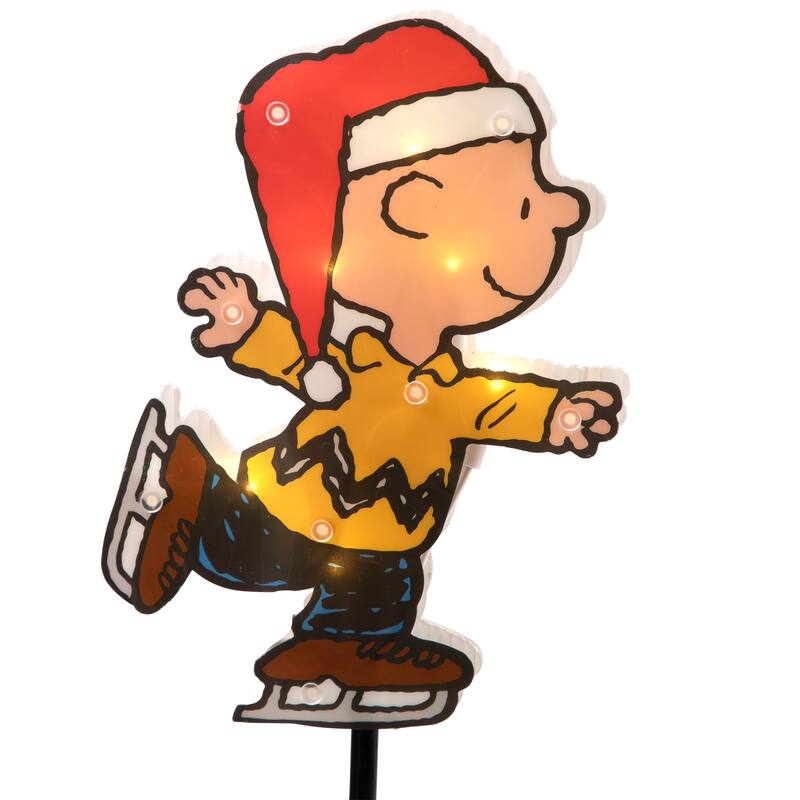 4 Snoopy Peanuts Ice Skating Christmas Pathway Markers Clear Lights - Red