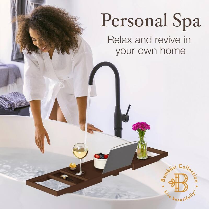 Bamboo Bathtub Tray for Tub - Expandable Bath Tray, Book & Tablet Holder - Bath Table, Tub Tray, Bathtub Caddy, Foldable Design