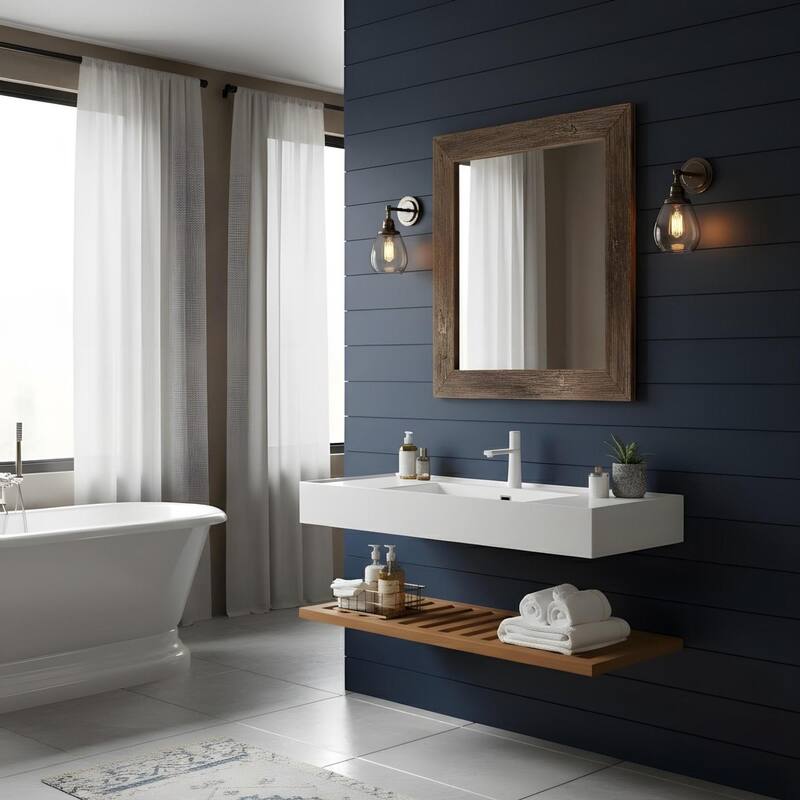 Bathroom Vanity with Vessel Sink and Striped Shelf Layer