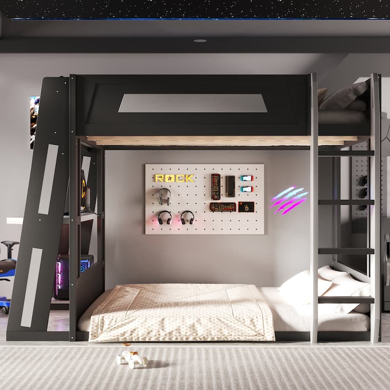 GDFStudio - GameCore Modern Wooden Queen Gaming Bunk Bed with Desk, USB and LED Lighting