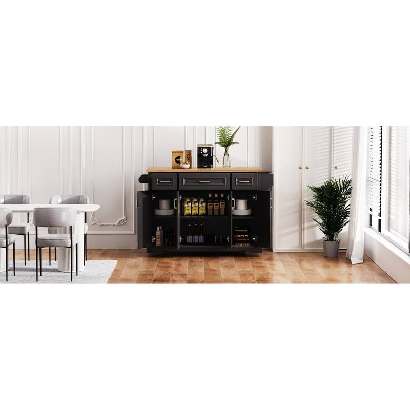 Roomfitters 54" Rolling Kitchen Island with Drop Leaf, Mobile Cart with 3 Drawers, Embossed Panels & Soft Close Doors, Black
