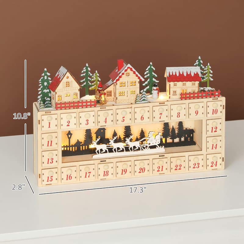 HOMCOM Christmas Advent Calendar with 24 Drawers, Reusable Lighted Wood-Effect Countdown , Battery Operated, Natural Tone