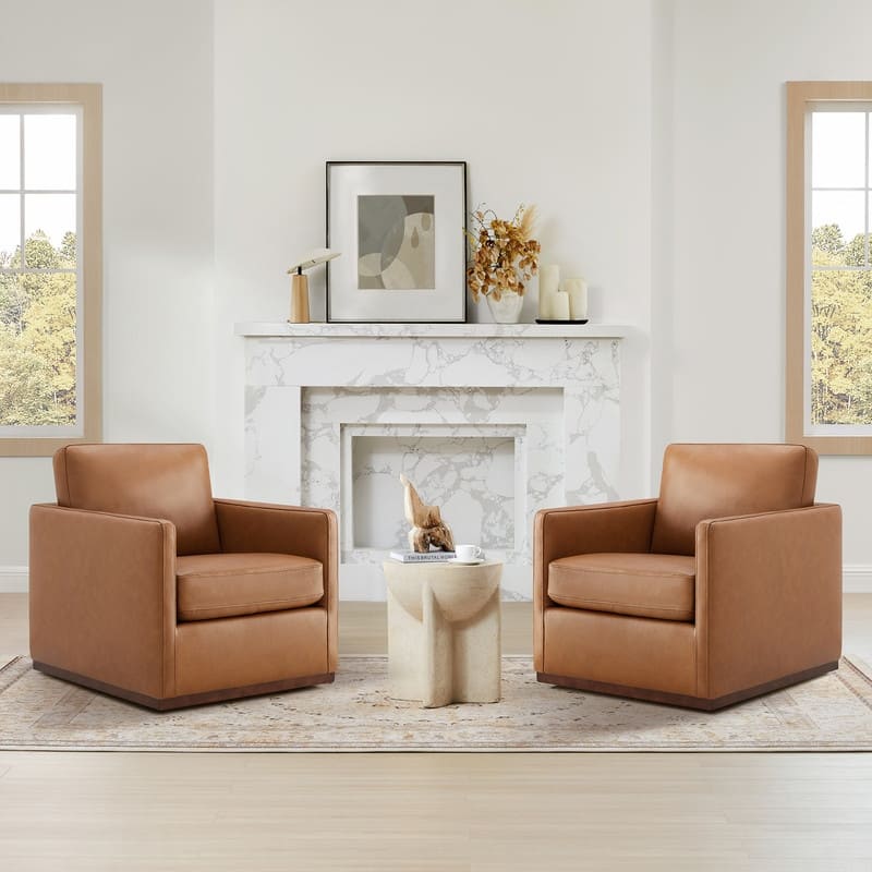 Spruce & Spring Modern Swivel Accent Chair with Wooden Base - Set of 2 - Brown-Leather