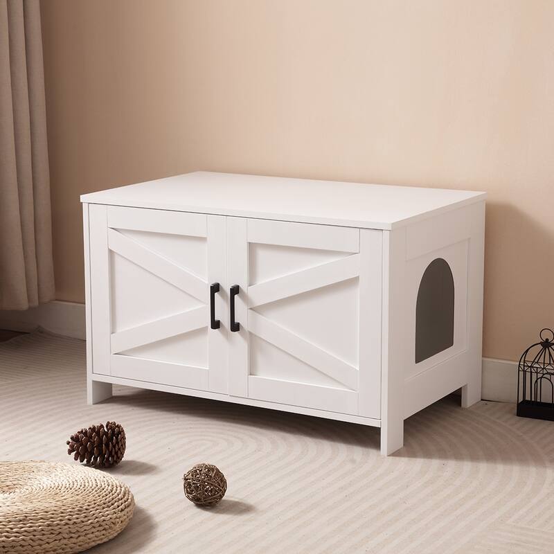 Cat Litter Box Enclosure, Litter Box Furniture Hidden with Barn Door,Wooden Cat Washroom Furniture, Cat House,End Table