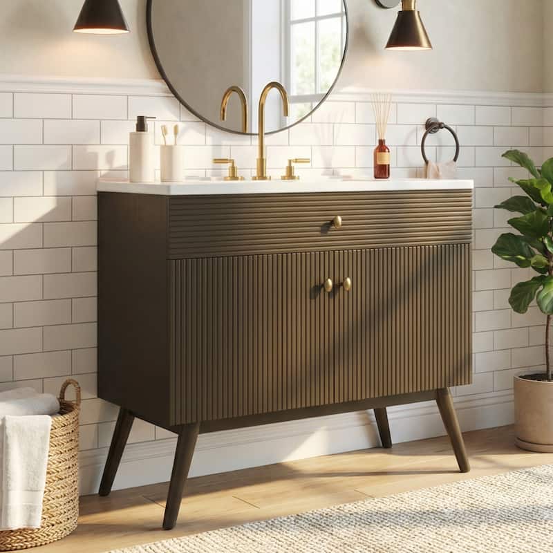 Christopher Knight Home - Modern Space Saving Striped Bathroom Vanity with Premium Ceramic Sink & Soft-Close Dual-Door Storage