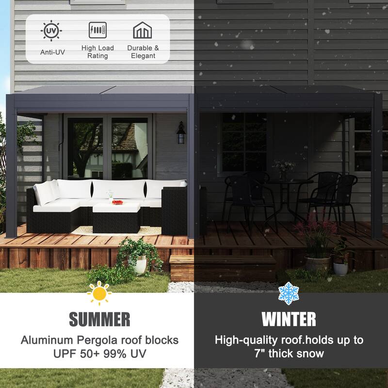 Erommy Wall-Mounted Pergola with Louvered Roof & Pull-Down Screen, Aluminum Awning for Patio or Deck