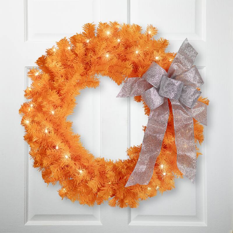 Pre-Lit Artificial Pine Christmas Wreath - 24" - Orange - Clear Lights