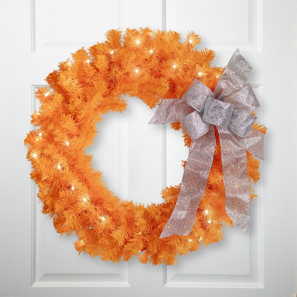 Pre-Lit Artificial Pine Christmas Wreath - 24" - Orange - Clear Lights