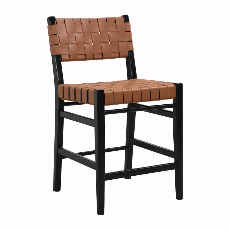 24.25" Classic Counter Stools Set of 2, PU Seat, Rubberwood Frame & Leather Woven Back